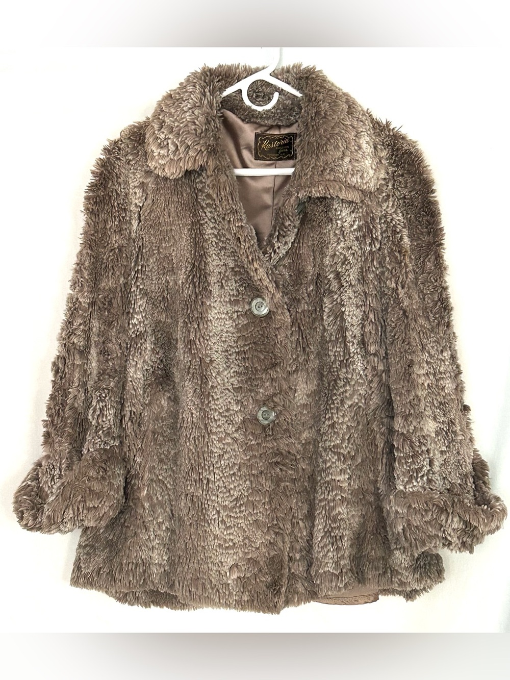 Junior Belle NY VTG Faux Beaver Fur Coat Button Close Pockets Flair Cuffed Brown